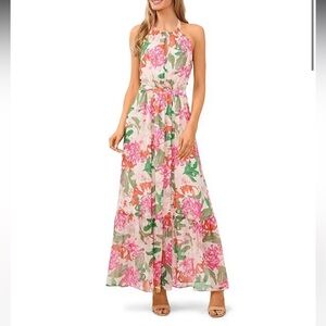 New size 8 CeCe Womens Ivory Georgette Floral Print Halter Maxi Dress